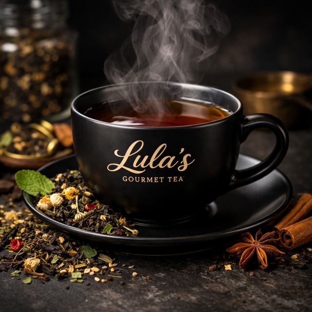 Steaming cup of Lula's gourmet tea