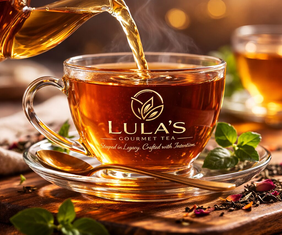 Steaming cup of tea on wooden table